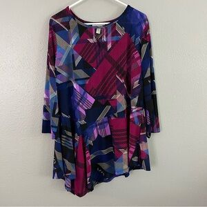 Dana Buchman Asymmetric Keyhole Neck Purple Blue Printed Blouse Size XL Stretch